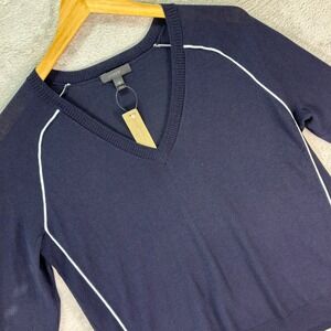 J.Crew‎ Women's Merino Wool Navy V-Neck Sweater White Trim Sz XS Athletic Style